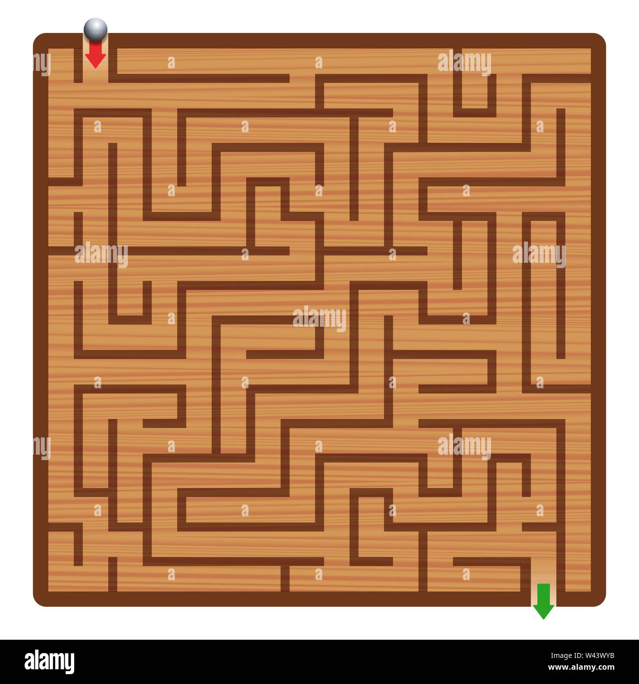 Holz- Labyrinth mit Bügeleisen Ball. Maze-quadratischen Format Labyrinth - Spaß Spiel den richtigen Weg zu finden. Stockfoto