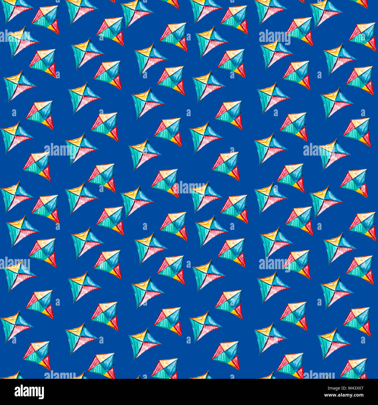Nahtlose Muster mit Aquarell Kite. Rautenförmige cartoon bunte Schlange auf einem blauen Hintergrund. Scharfe Formen mit Buntstiften gezeichnet. Kind Stockfoto