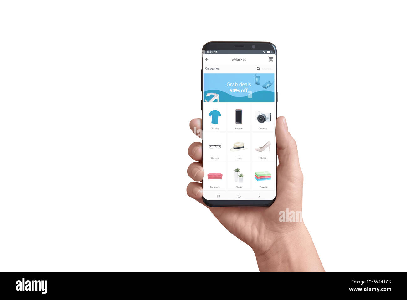 Isolierte smart phone in Hand mit Online Store App. Konzept der flachen Design App mit Abkommen ad Greifen und Produktkategorien. Stockfoto