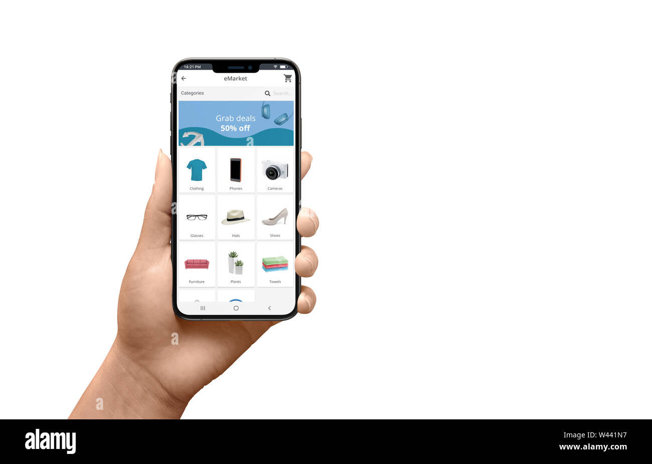 Isolierte modernen Smartphone in der Frau Hand mit flachen Design Online Store App mit Produkt Kategorien und Angebote banner schnappen. Stockfoto