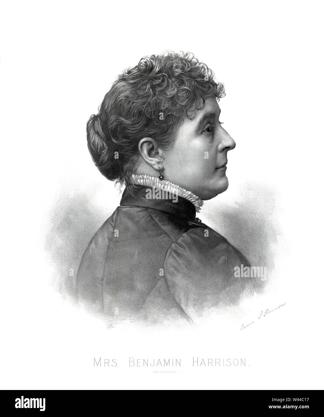 Caroline Harrison (1832-92), First Lady der Vereinigten Staaten von 1889-92, als Frau von US-Präsident Benjamin Harrison, Illustration, Bufford's Sohn Lith. Co., 1888 Stockfoto
