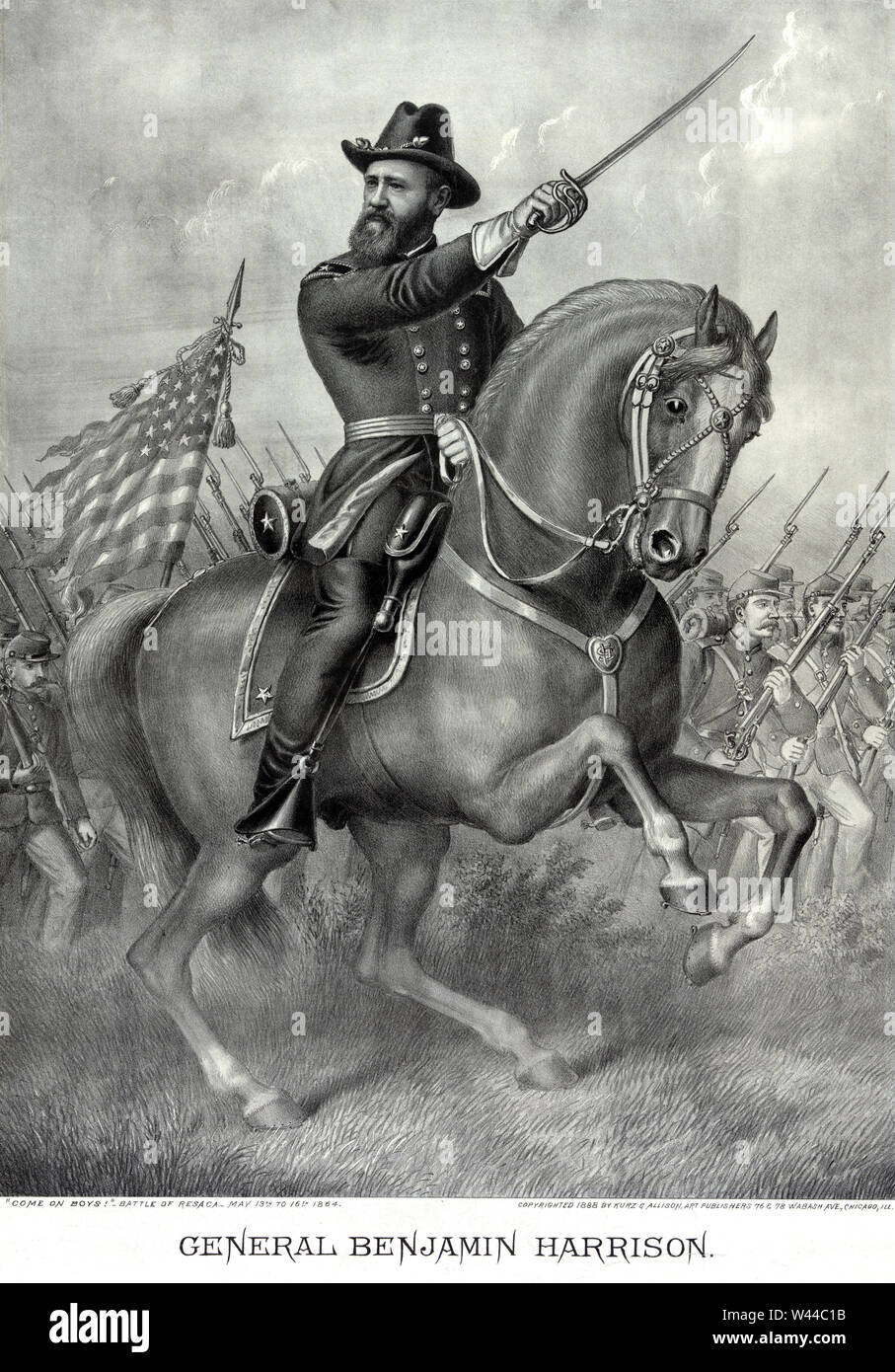 General Benjamin Harrison, "Boys' kommen, Schlacht von Resaca, 13. bis 16. Mai 1864, Illustration von Kurz und Allison, 1888 veröffentlicht. Stockfoto