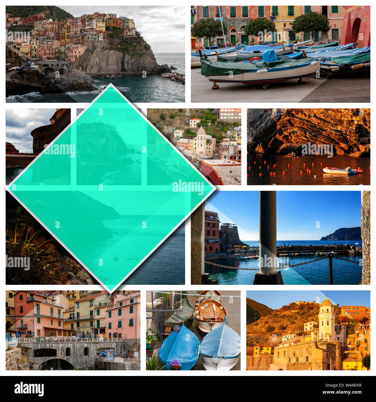 Collage Fotos von Cinque Terre, Italien, im 1:1 Format. Vernazza und Manarola, schöne Badeorte und Fischer, ein beliebtes Touristenziel Stockfoto