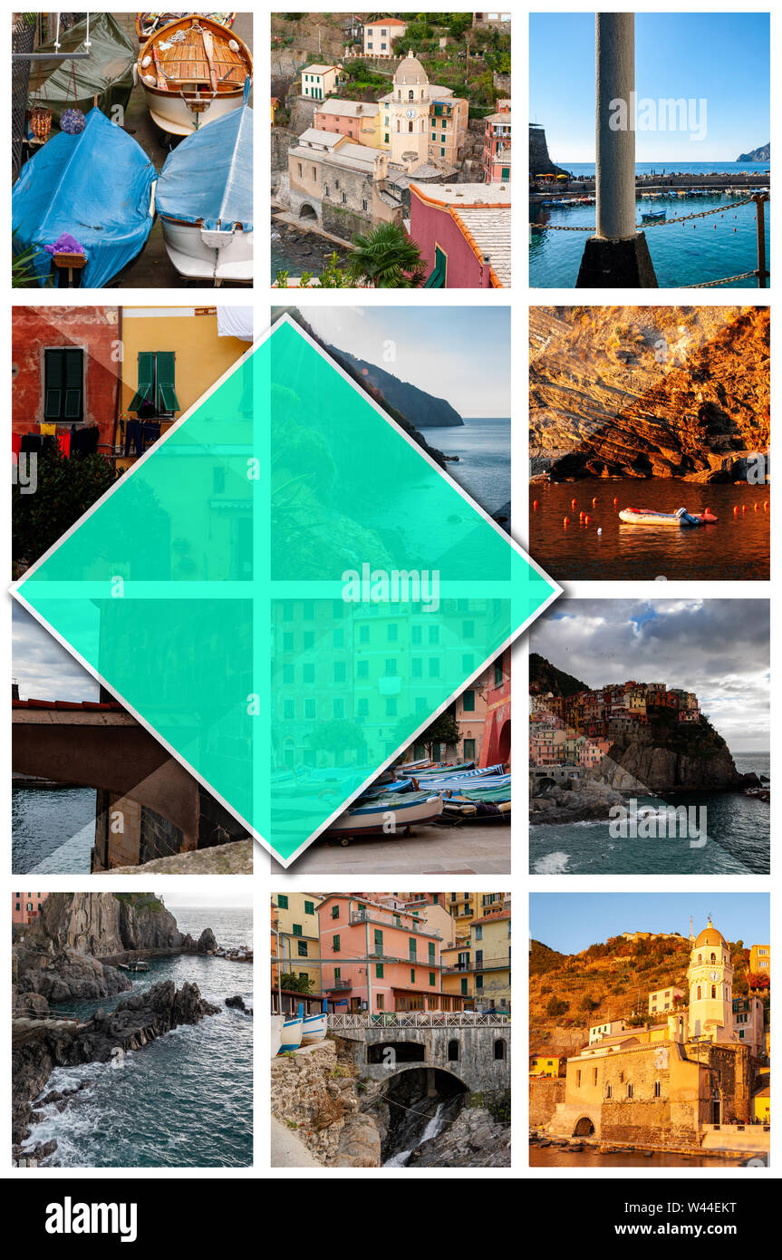 Collage Fotos von Cinque Terre, Italien, im 2:3 Format. Vernazza und Manarola, schöne Badeorte und Fischer, ein beliebtes Touristenziel Stockfoto