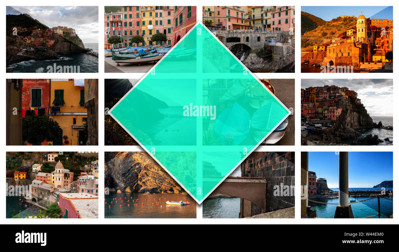 Collage Fotos von Cinque Terre, Italien, im 16:9 Format. Vernazza und Manarola, schöne Badeorte und Fischer, ein beliebtes Touristenziel Stockfoto