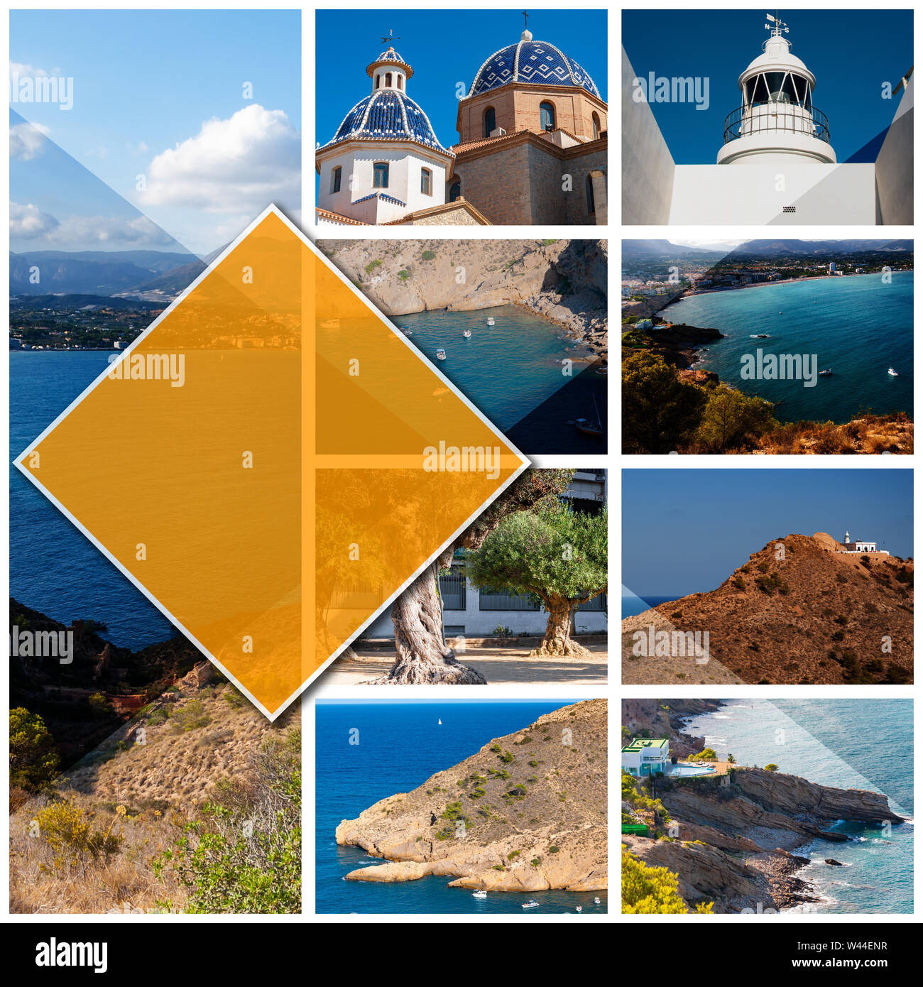 Collage Fotos von Altea, Spanien, im 1:1 Format. Die Stadt an der Mittelmeerküste der weißen Küste, ein Reiseziel in Spanien. Stockfoto