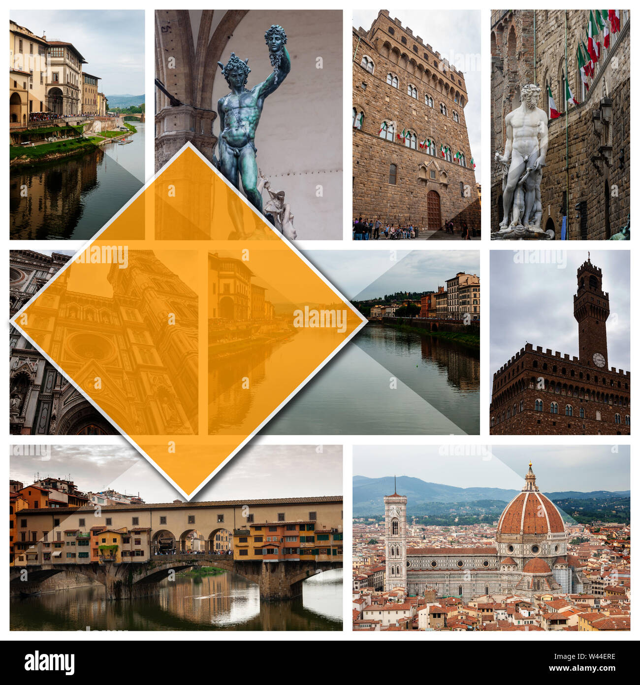 Collage Bilder aus Florenz, Italien, im 1:1 Format. UNESCO Weltkulturerbe und Sitz der italienischen Renaissance, reich an Monumenten und Kunstwerken. Stockfoto