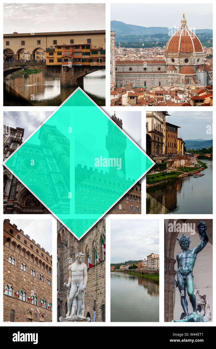 Collage Bilder aus Florenz, Italien, im 2:3 Format. UNESCO Weltkulturerbe und Sitz der italienischen Renaissance, reich an Monumenten und Kunstwerken. Stockfoto