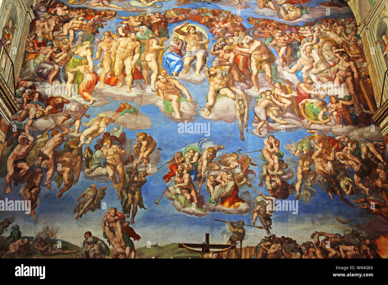 Teil des Letzten Gericht von Michelangelo an der Wand der Sixtinischen Kapelle im Vatikan Stockfoto