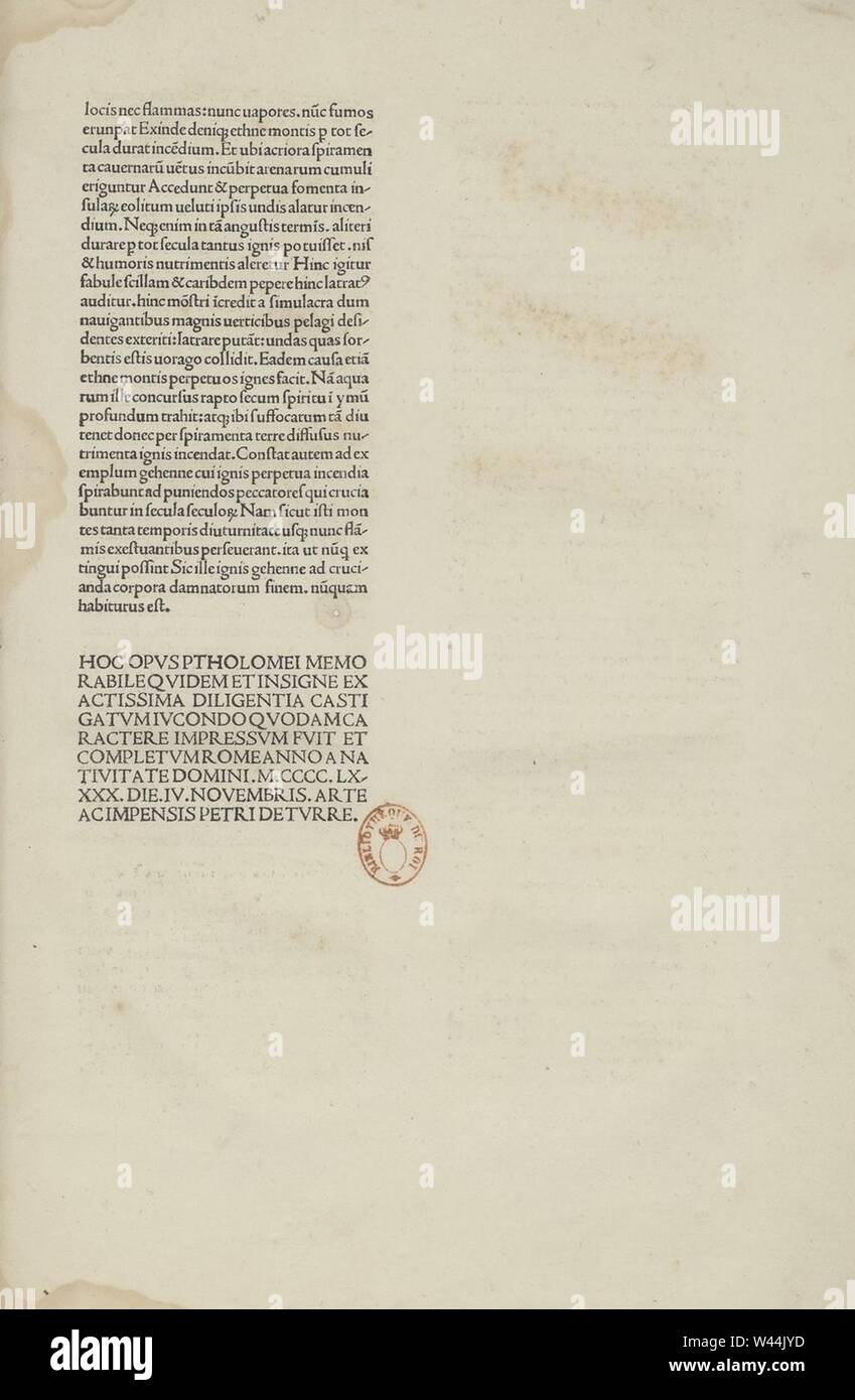 Claudii Ptolemaei Geographia 1490 Kolophon. Stockfoto