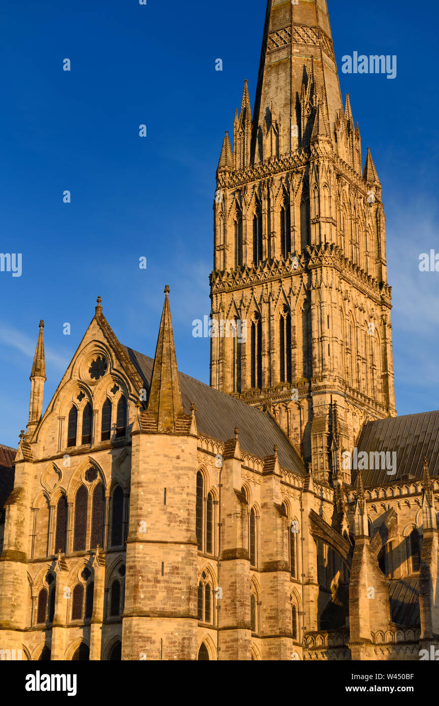 Turm der Kathedrale von Salisbury von Norden vor der mittelalterlichen Gebäude in rotes Licht bei Sonnenuntergang in Salisbury England Stockfoto
