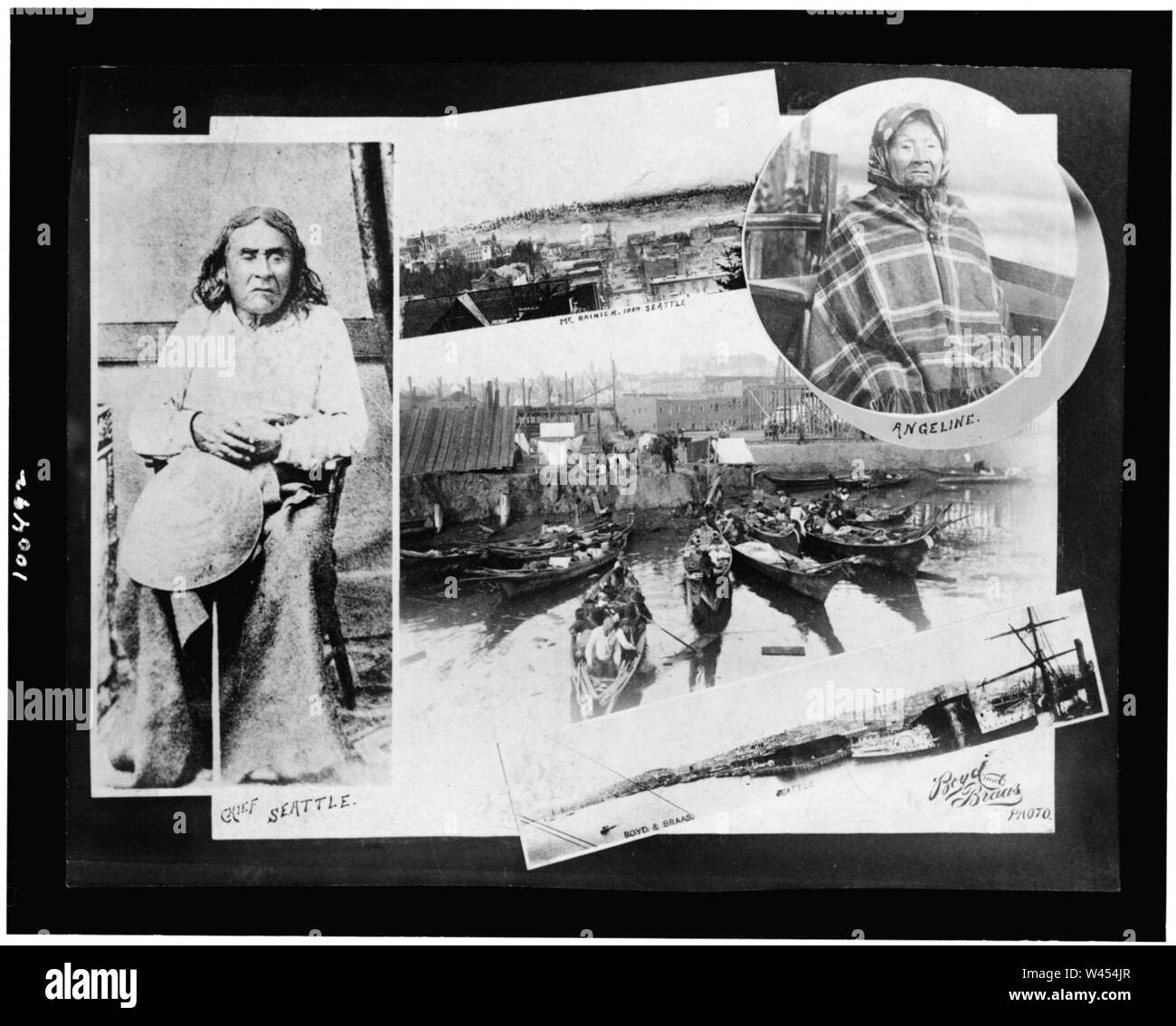 Composite von Fotografien - in voller Länge Porträt von Chief Seattle, Brustbild von Angeline, und Blick auf den Mt. Rainier und Seattle, Washington) - Boyd und Braas Foto Stockfoto