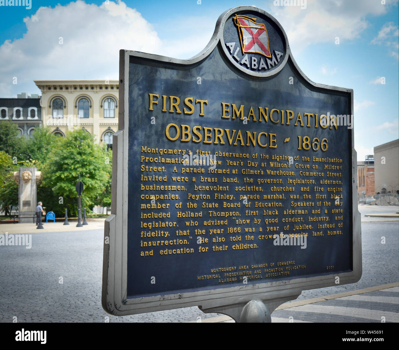 Eine historische Markierung zum Gedenken an den Ersten Emanzipation Einhaltung der 1866 von ehemaligen Sklaven, in Montgomery, AL, USA Stockfoto