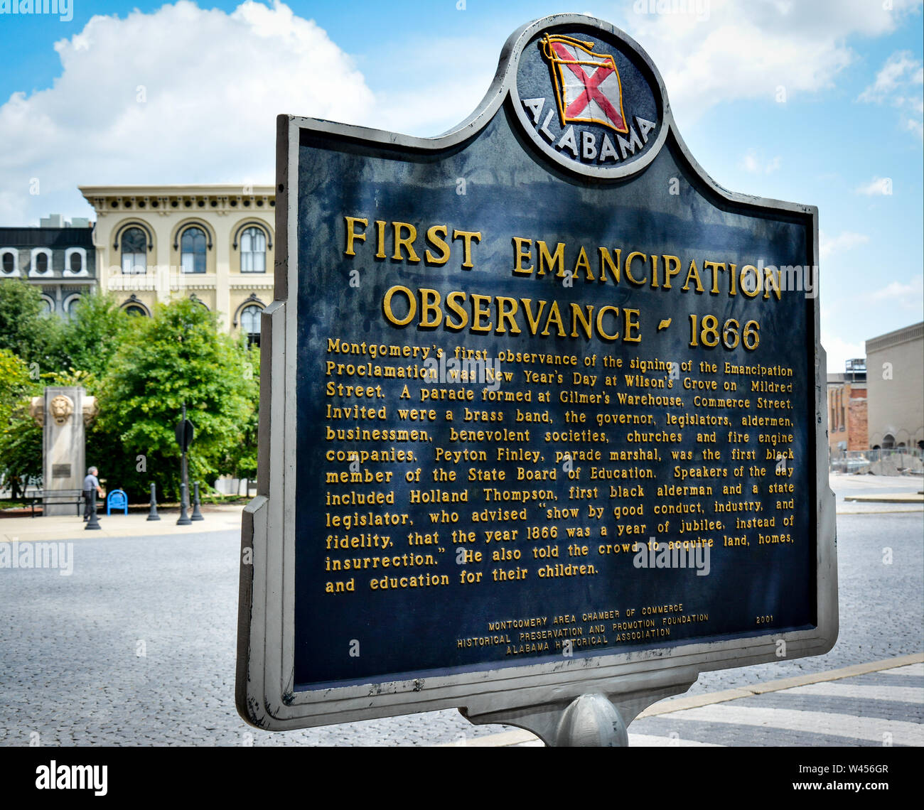 Eine historische Markierung zum Gedenken an den Ersten Emanzipation Einhaltung der 1866 von ehemaligen Sklaven, in Montgomery, AL, USA Stockfoto