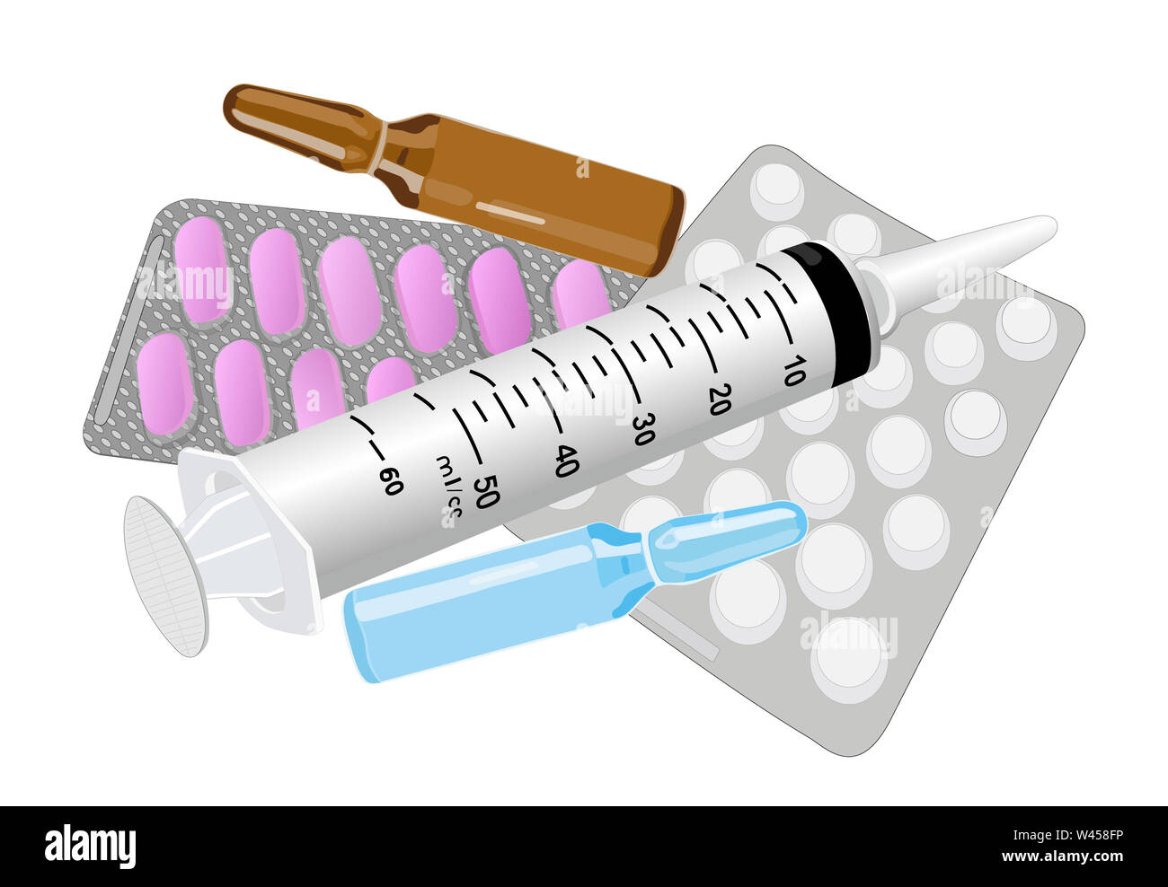 Medizinische Tabletten und Flaschen, eine Spritze für Injektionen .  Glasampulle. Apotheke. Das Konzept der Gesundheitsversorgung. Abbildung  Stockfotografie - Alamy