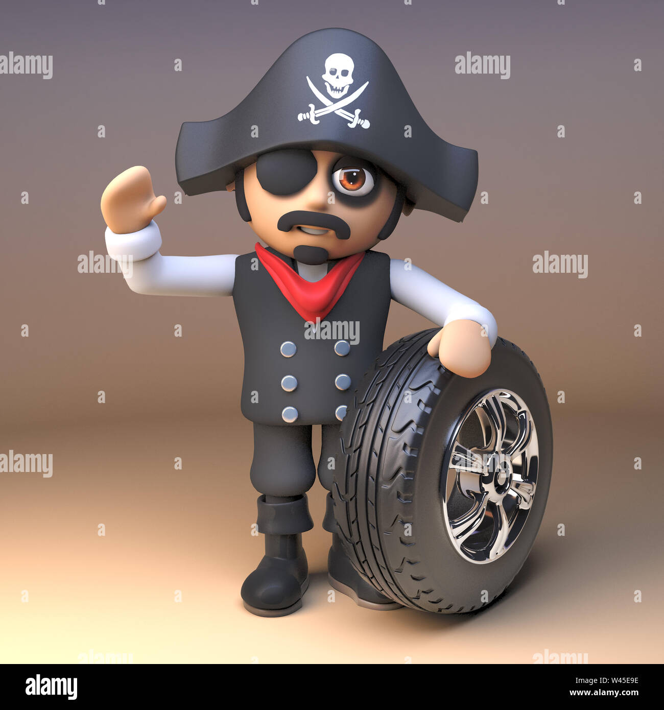 Piraten Kapitän trägt Totenkopf Jolly Roger hat und Augenklappe Wellen und  hält ein Auto Reifen und Felge, 3d-Grafik rendern Stockfotografie - Alamy
