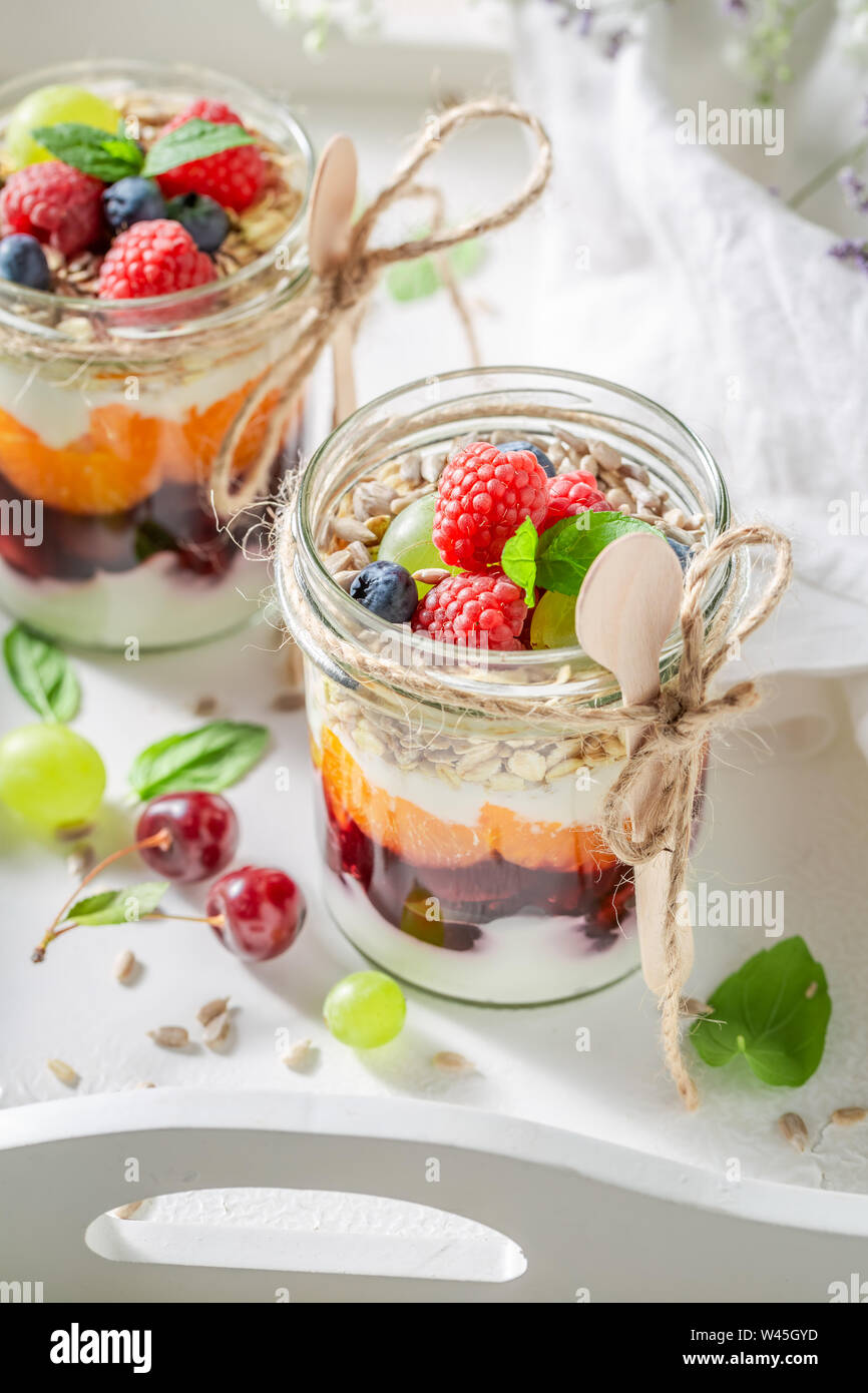 Hausgemachtes Müsli aus Joghurt und frischen Beeren Stockfoto