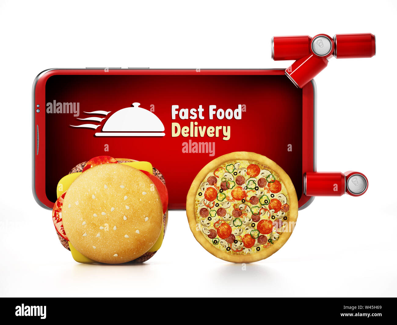 Hamburger und Pizza montiert mit Fast Food Delivery text Smartphone. 3D-Darstellung. Stockfoto