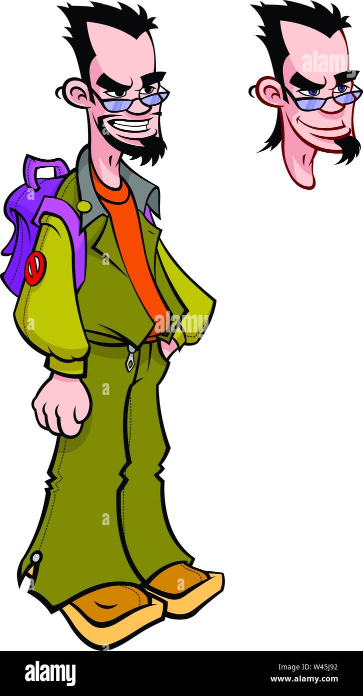 Junger Mann mit einem Rucksack in der Brille. Vektor Charakter für die Animation. Das Bild ist auf weißem Hintergrund. Vektor flachbild Abbildung. Maskottchen der Marke. Stock Vektor