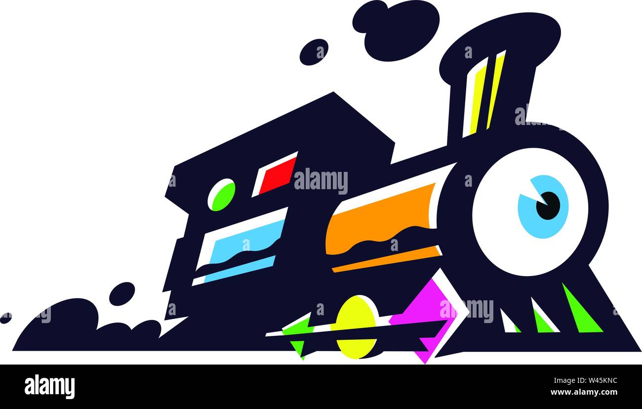 Logo des Zuges, Lokomotive. Vektor Flachbild-Symbol. Minimalistischer Bild auf weißem Hintergrund isoliert. Surrealistische Zeichen, Emblem für das Logo. Ein helles c Stock Vektor