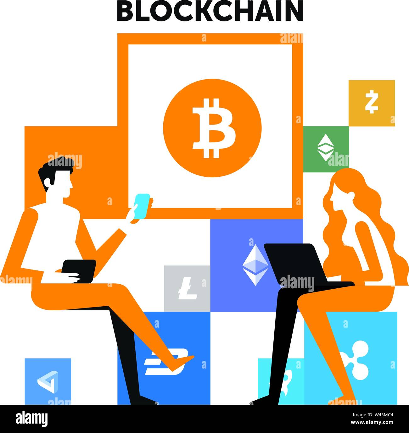 Design Layout für Blockchain ein Mann und eine Frau crypt kann. Crypto Währung Symbole. Poster, Banner für Print und Web, über Crypto Währung und Blockchai Stock Vektor