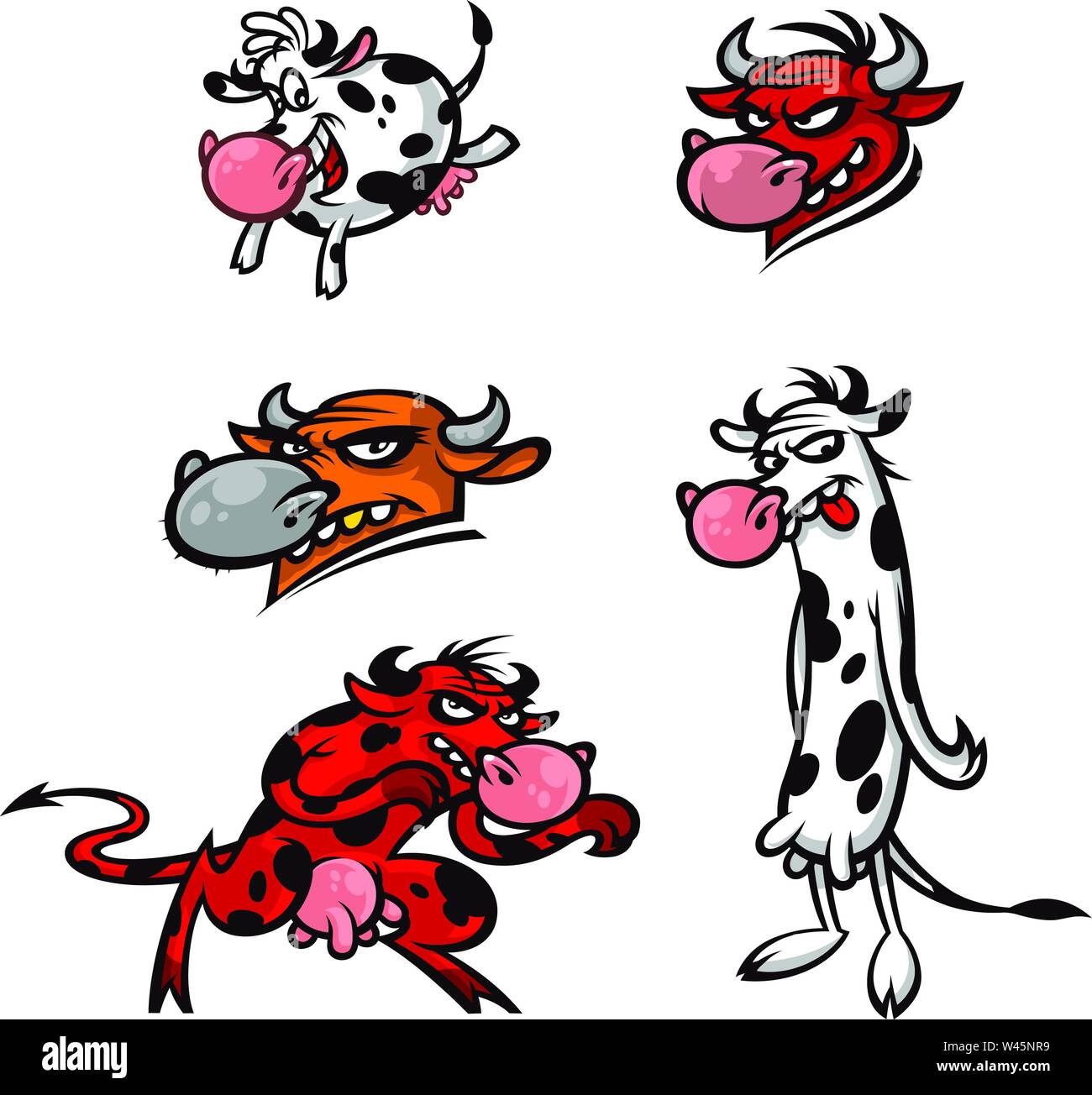 Cartoon lustige Kühe. Zeichen isoliert auf weißem Hintergrund. Eine Herde von Kühen und Stieren. Zeichen für den Standort und die Presse. Vektor flachbild Abbildung Stock Vektor