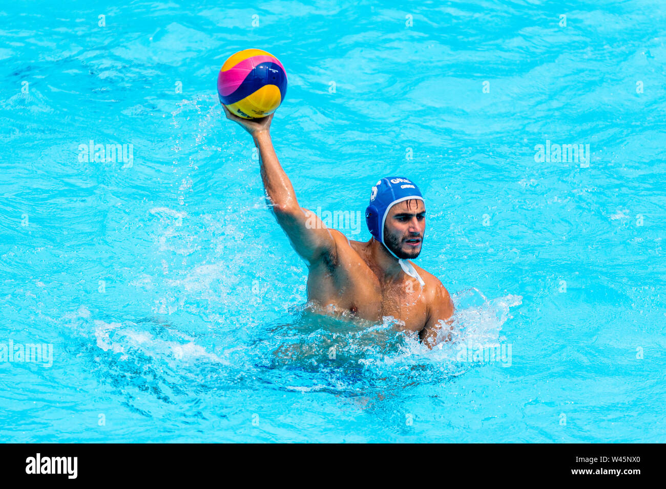 15. juli 2019 Gwangju, Südkorea 18. FINA World Aquatics Championships 15-07-2019: WK Waterpolo: Korea / Griechenland: Gwangju #5 FOUNTOULIS Ioannis (GRE) Gwangju Südkorea 15/07/2019 Waterpolo M2: Korea - Griechenland 18. FINA World Aquatics Championships Nambu University Grounds Stockfoto