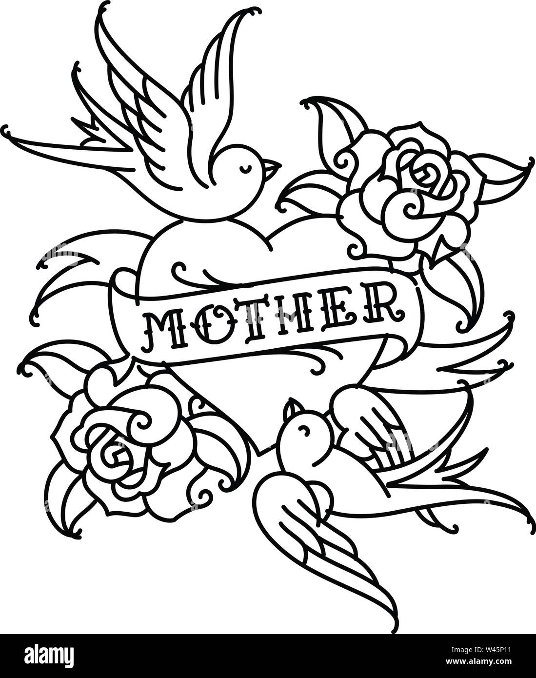 Ein Tattoo mit der Aufschrift von Mom. Ein Herz und eine Blume Tattoo mit einer Blume. Tattoo im Stil der amerikanischen Old School. Vektor Flachbild tattoo. Die Stock Vektor