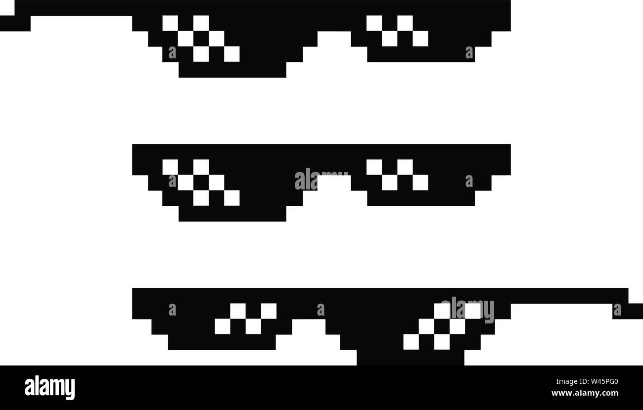Pixel schwarz Sonnenbrille 8 Bit. Brillen für Gangster und Schläger, bad guy. Internet Meme. Zubehör für Rechen und Karikatur. Vektor flach auf einem weißen zurück Stock Vektor