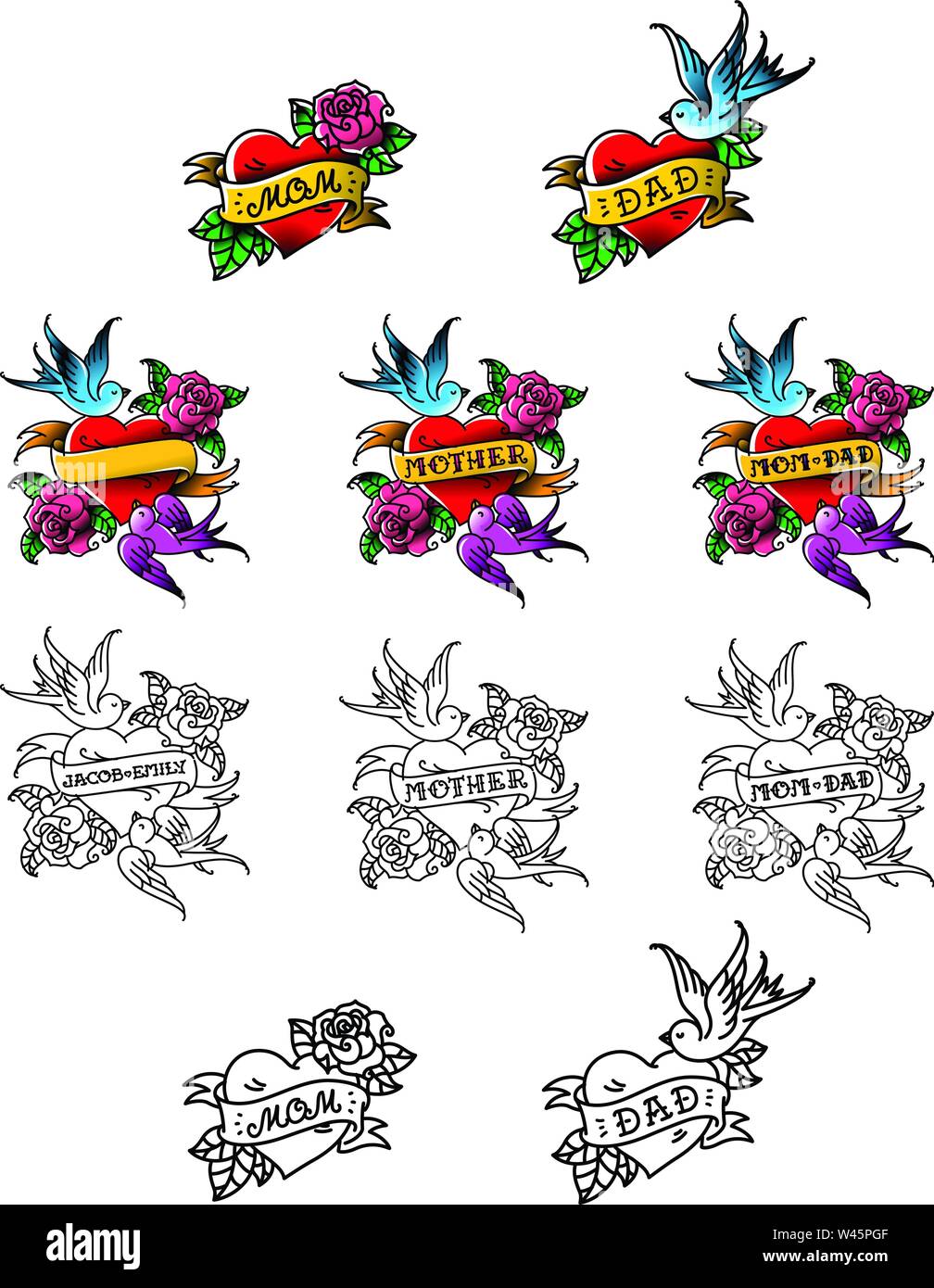 Eine Reihe von Congratulatory Tattoos für Mama und Papa. Herz mit Vögel und Blumen. Anerkennung der Liebe für die Eltern. Vorlagen für Tattoos für Namen. Vecto Stock Vektor