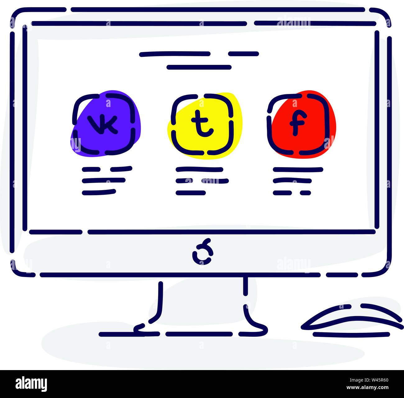 Abbildung: ein Monitor mit Symbolen von sozialen Netzwerken. Zeichnung auf weißem Hintergrund. Vektor flachbild Abbildung. Modische Symbol. Stock Vektor