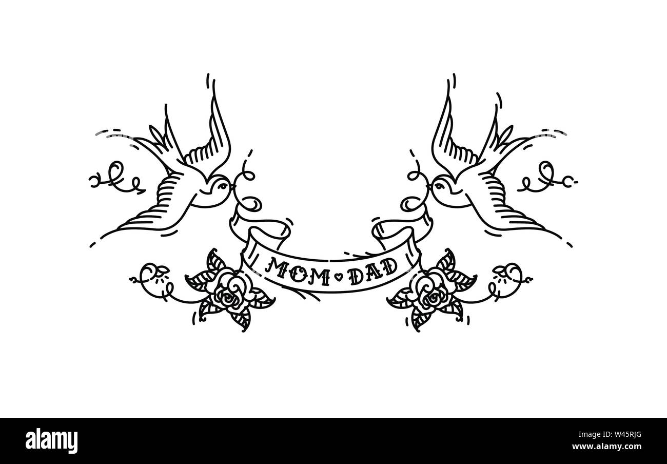 Tattoo Schwalben mit der Inschrift von Mama, Papa, auf Band. Vector Illustration. Tattoo, amerikanischen Old School. Zwei Vögel Schwalben, Rosen und congratulatio Stock Vektor