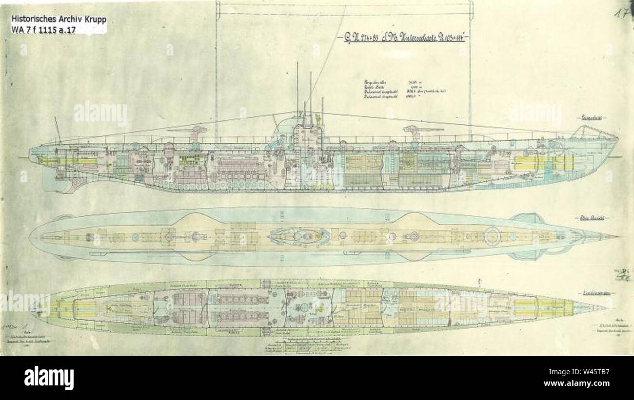 Aufbau Schema der Deutschen WK I era U-Boot U-106. Stockfoto