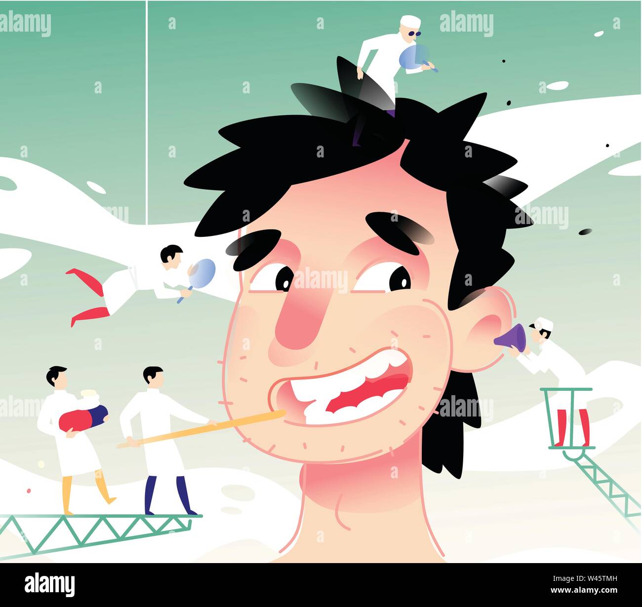 Abbildung: ein fröhlicher Mann an der Rezeption einer Arztpraxis. Vector Illustration. Ein junger Mann erfährt der medizinischen Prophylaxe und Tests. Flache Darstellung fo Stock Vektor