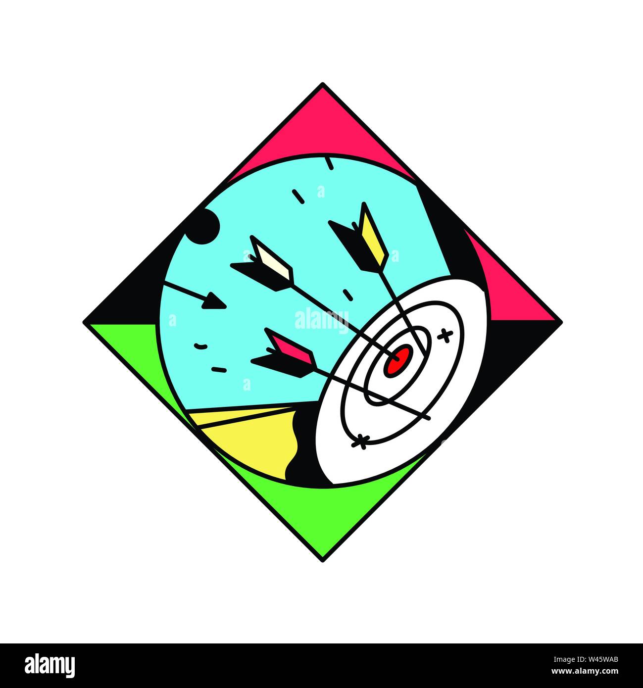 Quadrat, Bogenschießen auf Ziele. Vector Illustration. Vintage, retro style. Das Bild ist auf weißem Hintergrund. Fliegende Pfeile ins Schwarze getroffen. Targe Stock Vektor