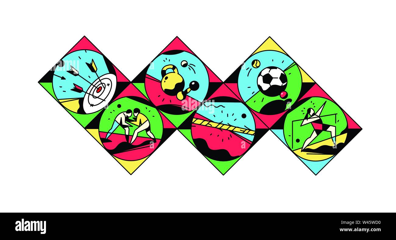 Eine Reihe von Icons, über ein Thema von Sport. Vector Illustration. Vintage Style, Retro. Sport Spiele. Quadratische Symbole für den Standort, den Banner. Marke Aufkleber, avatra Stock Vektor