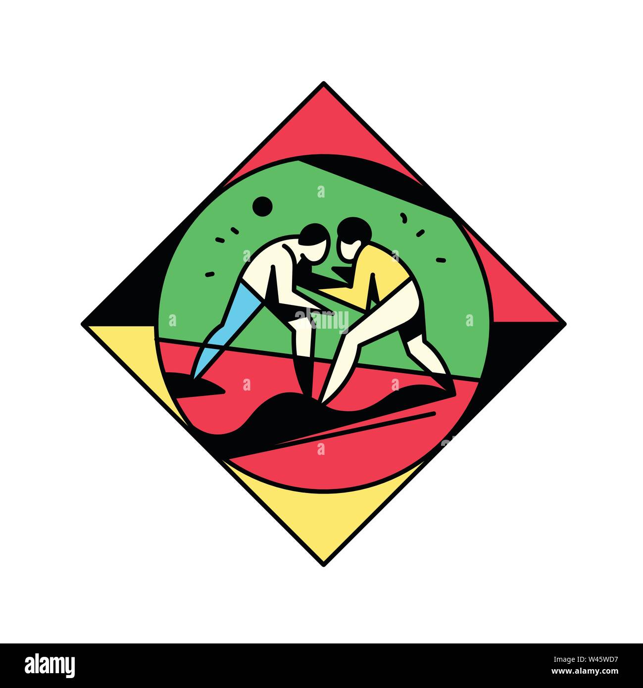 Quadrat, Ringen, Judo, Karate. Vector Illustration. Vintage, retro style. Das Bild ist auf weißem Hintergrund. Bekämpfung von zwei Personen. Zusammenfassung Stock Vektor