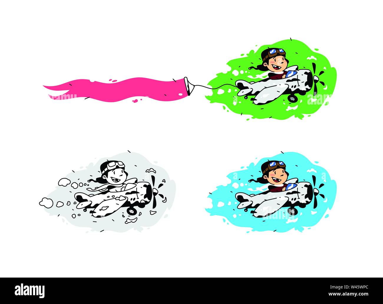 Abbildung: Eine Karikatur Junge in einer Ebene mit einer Schleife fliegen. Vector Illustration. Das Bild ist auf weißem Hintergrund. Eine Reihe von verschiedenen Bildern Stock Vektor