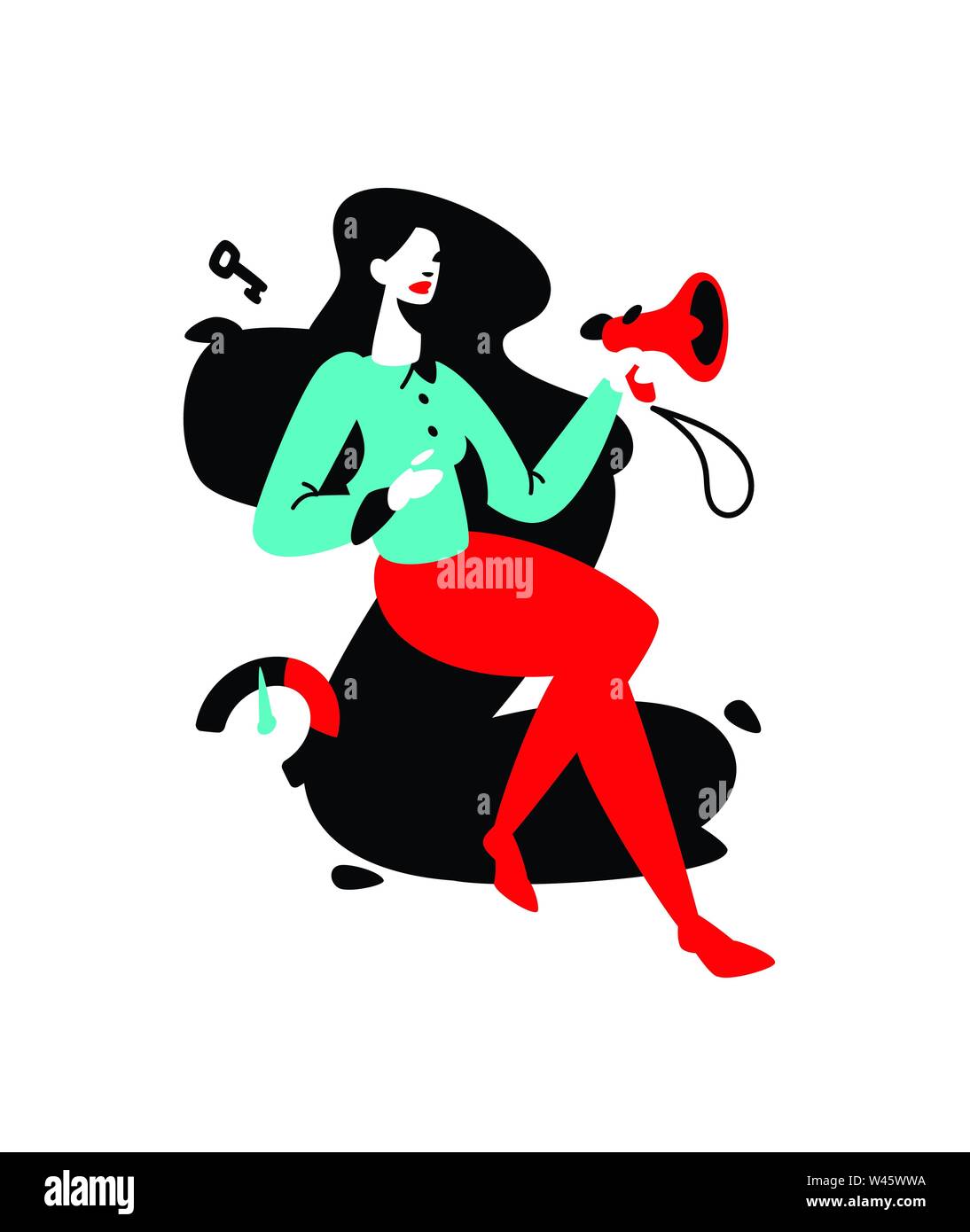 Abbildung: ein Mädchen mit einem Megaphon auf dem Hintergrund der Buchstaben Z. Vektor flachbild Abbildung. PR-Fachfrau, Anzeigenkunden. Spezialist für advertis Stock Vektor