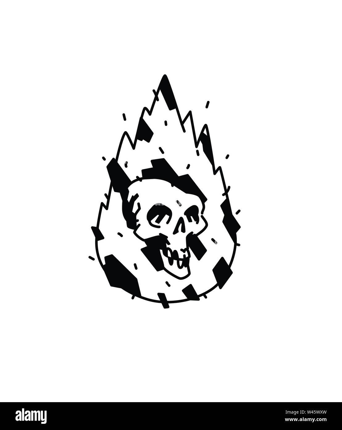Abbildung eines brennenden weißen Schädel. Vektor icon. Das Bild ist auf weißem Hintergrund. Brennender Schädel, Comic Stil. Ein Tattoo, ein Logo für ein Biker cl Stock Vektor