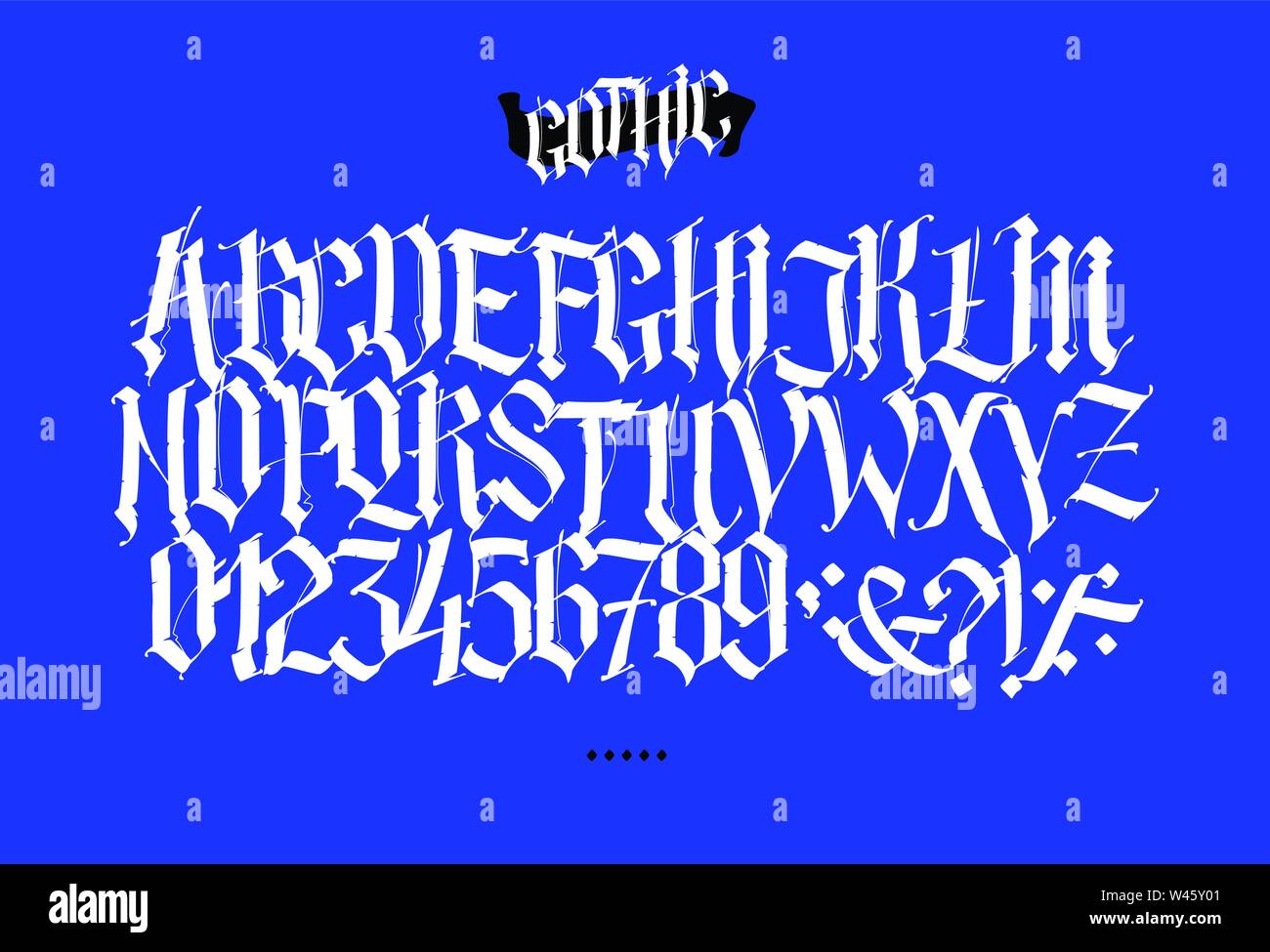 Volle lateinische Alphabet im gotischen Stil. Vektor. Buchstaben und Symbole auf einem blauen Hintergrund. Kalligraphie und Schrift. Mittelalterliche lateinische Buchstaben. Elegante Stock Vektor