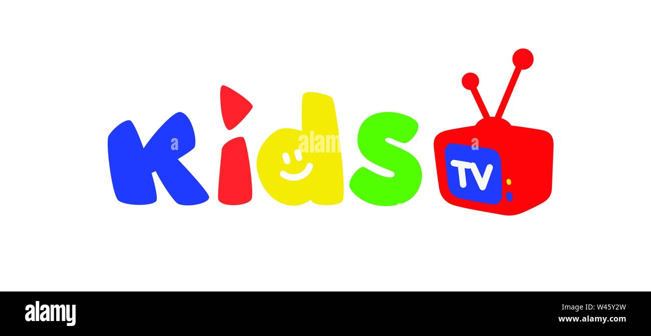 Logo für Kinder fernsehen. Vektor. Helle logo mit farbigen Buchstaben und einen TV. Logo isoliert auf weißem Hintergrund. Modische Kinder shop, Stu Stock Vektor