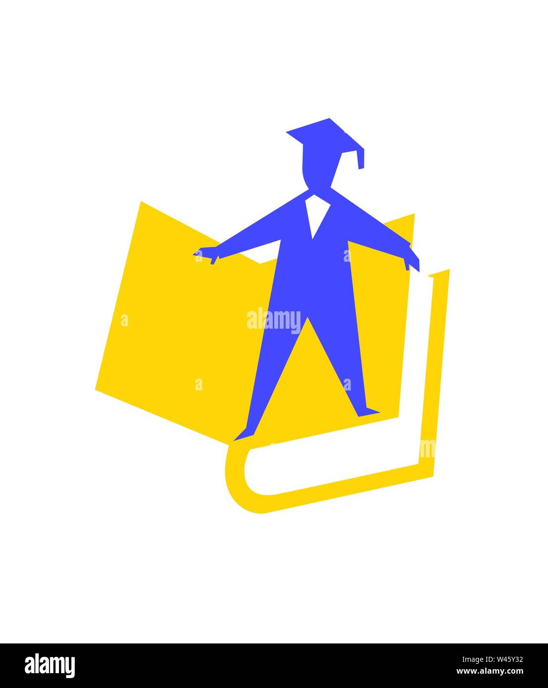 Logo, kleiner Mann im Buch. Vektor. Das Bild ist auf weißem Hintergrund. Symbol des Wissens, der Studie. Logo für die Bibliothek, Buchhandlung. Emblem für t Stock Vektor