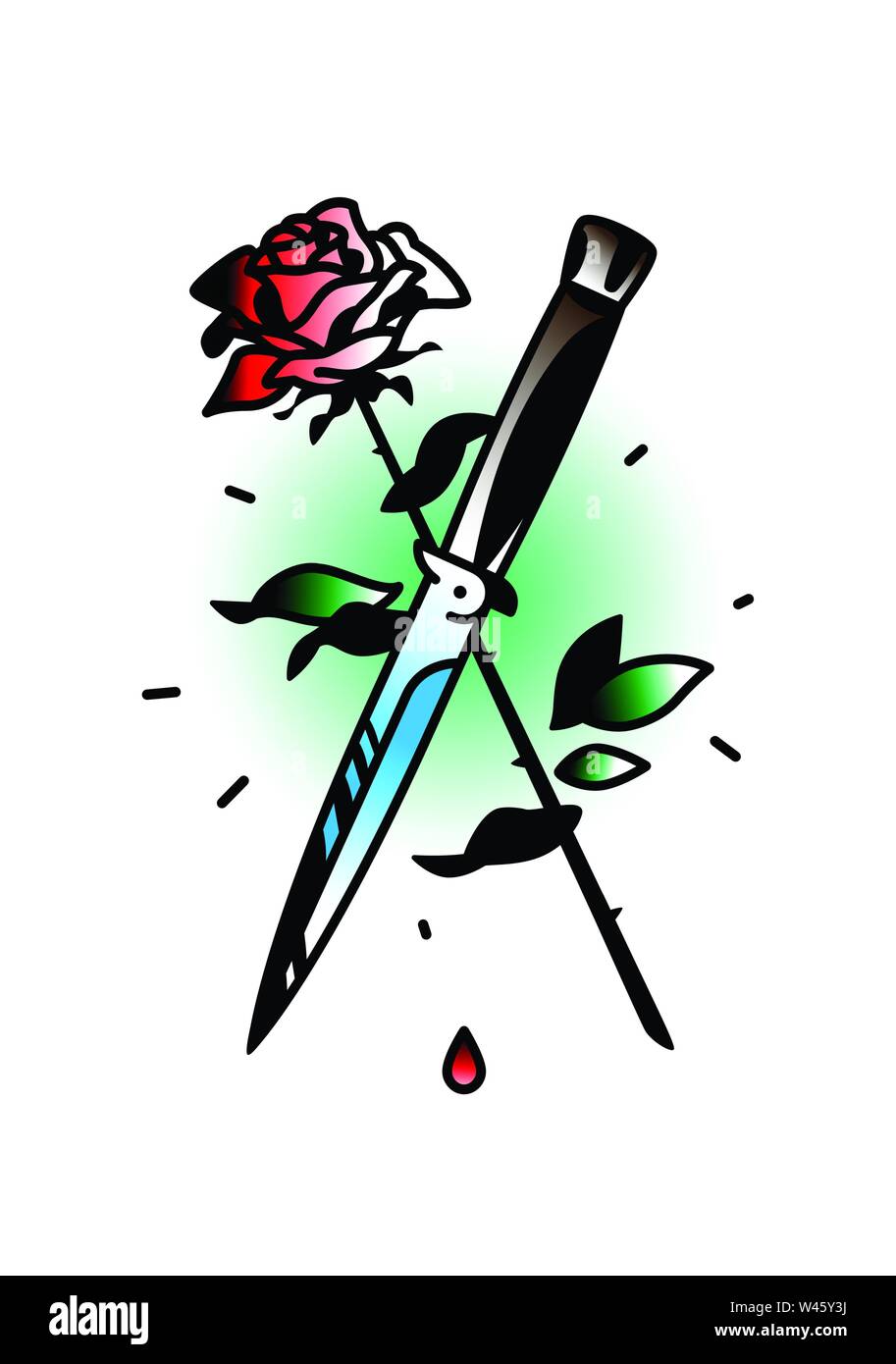 Ein Tattoo mit einem Messer und einer Rose. Vector Illustration. Tattoo im Stil der alten amerikanischen Schule. Das Bild ist auf weißem Hintergrund. Fas Stock Vektor