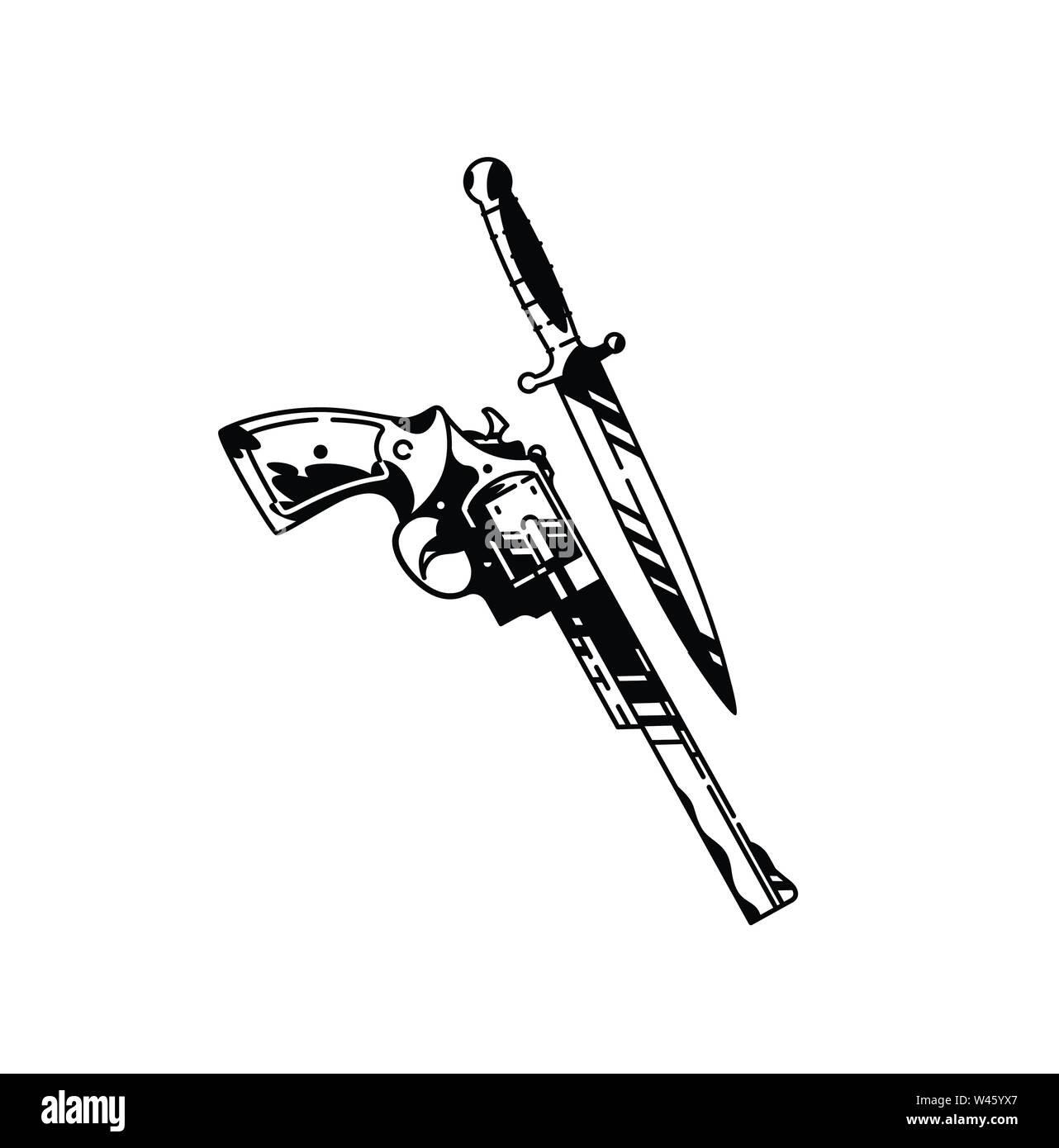 Abbildung einer Pistole und einem Messer. Vektor. Kalt und Schusswaffen. Hipster tattoo. Der Stil der alten amerikanischen Schule. Elemente isoliert auf weißem backgro Stock Vektor