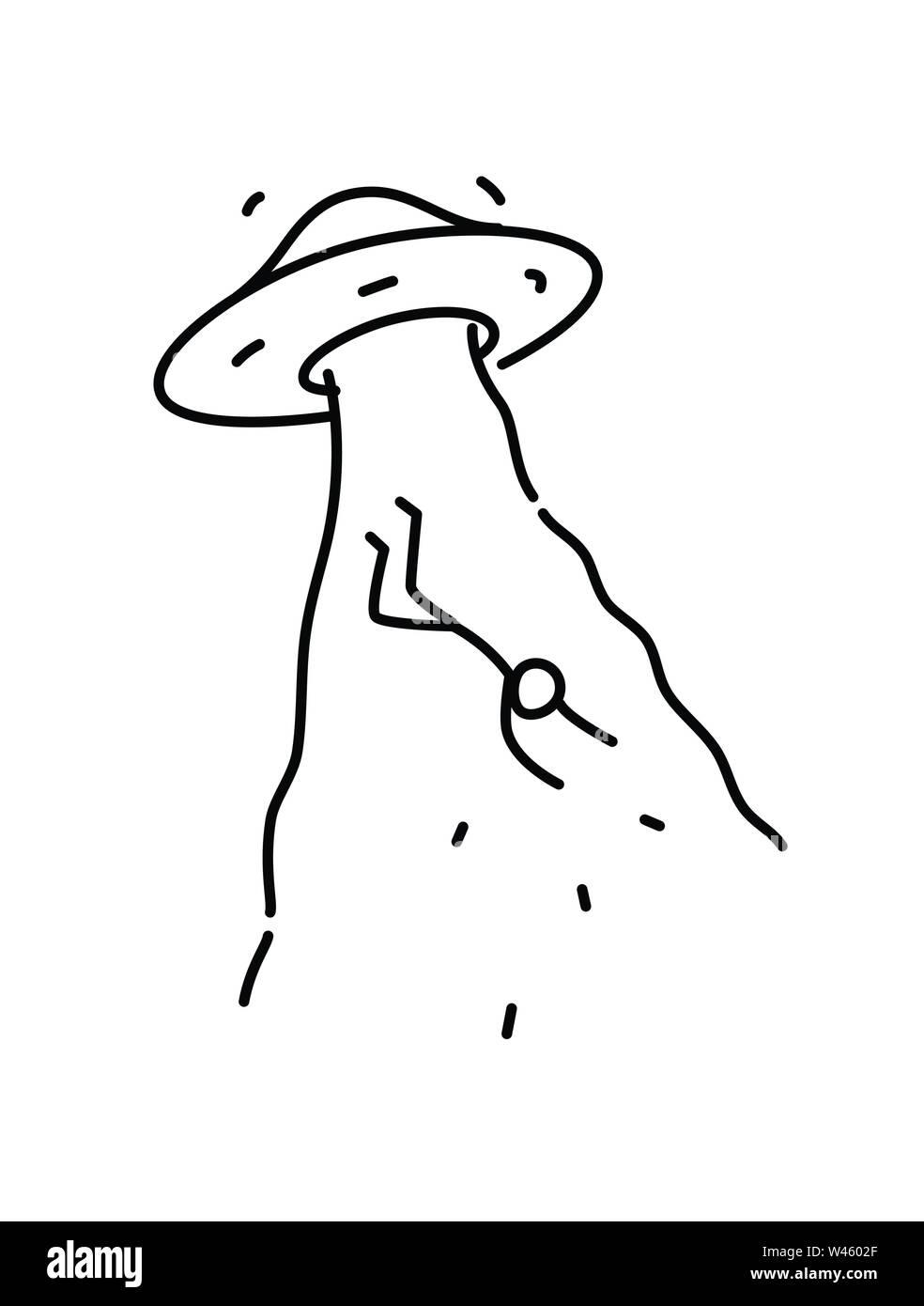 Abbildung: Entführung durch Außerirdische des Menschen. Vektor. Lineare Stil. Illustration für Website und Präsentation. Schiff UFO entführt und die Bewohner der Erde. Stock Vektor