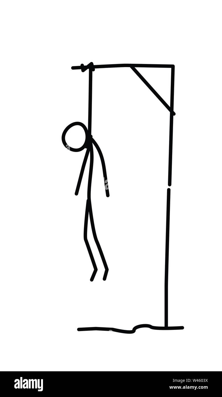 Abbildung eines Gehängten. Vektor. Tot in der Schleife. Metapher. Lineare Stil. Illustration für Website und Präsentation. Das Ende, das Finale des Lebens. Stock Vektor