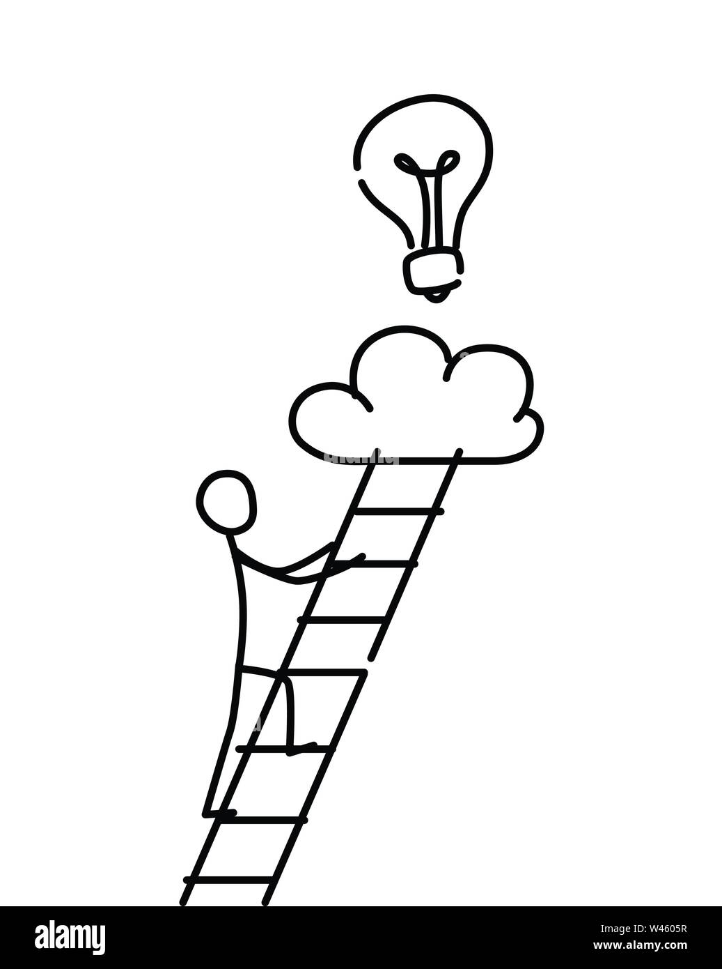 Abbildung: ein kleiner Mann, der seine Träume realisiert. Vektor. Kreativer Ansatz. Metapher. Lineare Stil. Illustration für Website oder Poster. Idee in t Stock Vektor