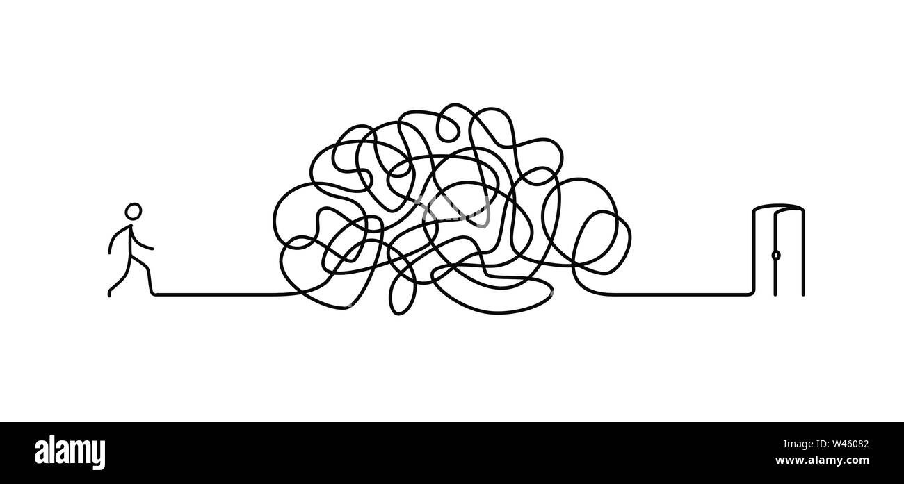 Abbildung: Ein Mann geht durch ein Labyrinth zum Ausgang. Vektor. Das Labyrinth ist wie ein Gehirn. Metapher. Lineare Stil. Abbildung für eine websi Stock Vektor