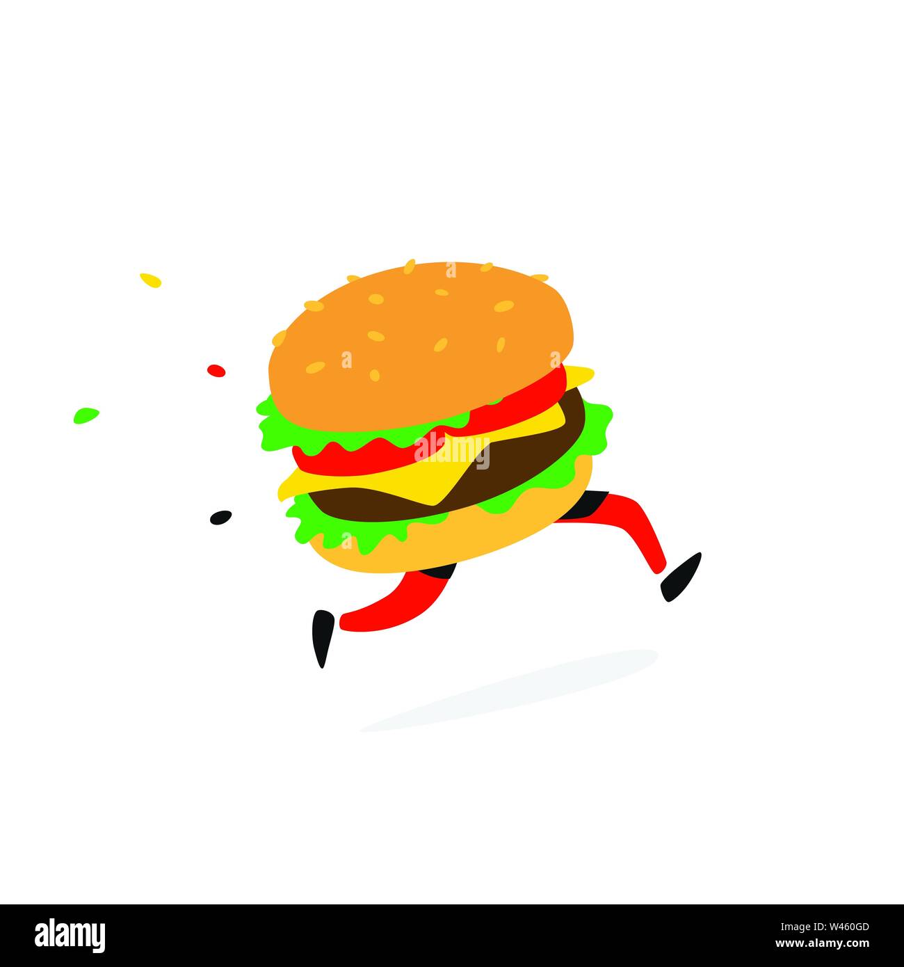 Symbol läuft Hamburger. Vektor. Logo für Fast Food und Lebensmittel. Lustige Abbildung: ein Sandwich mit einem Schnitzel. Cartoon Abzeichen, Emblem für die co Stock Vektor